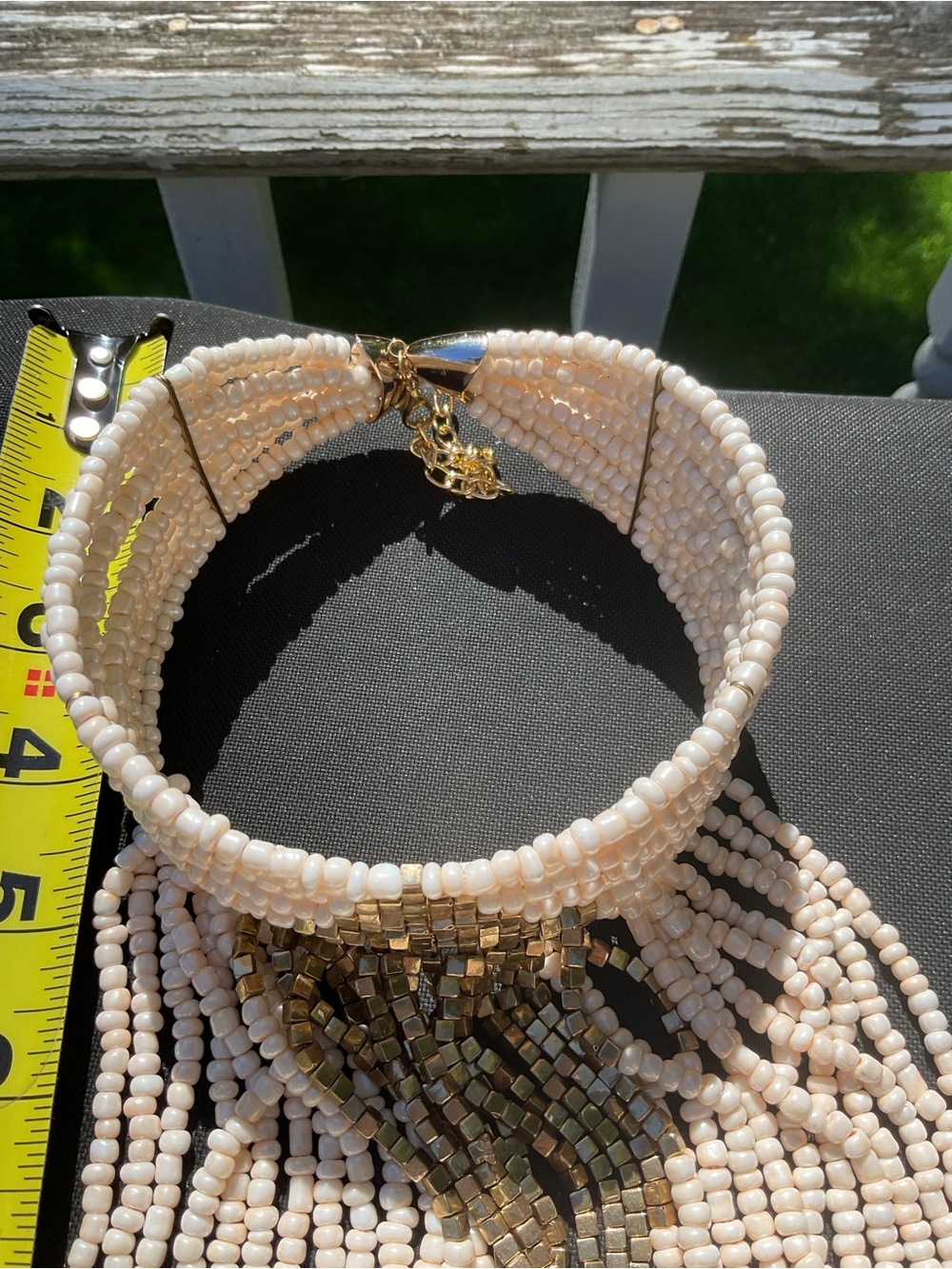 Beaded Fringe Statement Choker Necklace - Cream & Gold 17.5” long - Picture 6 of 7
